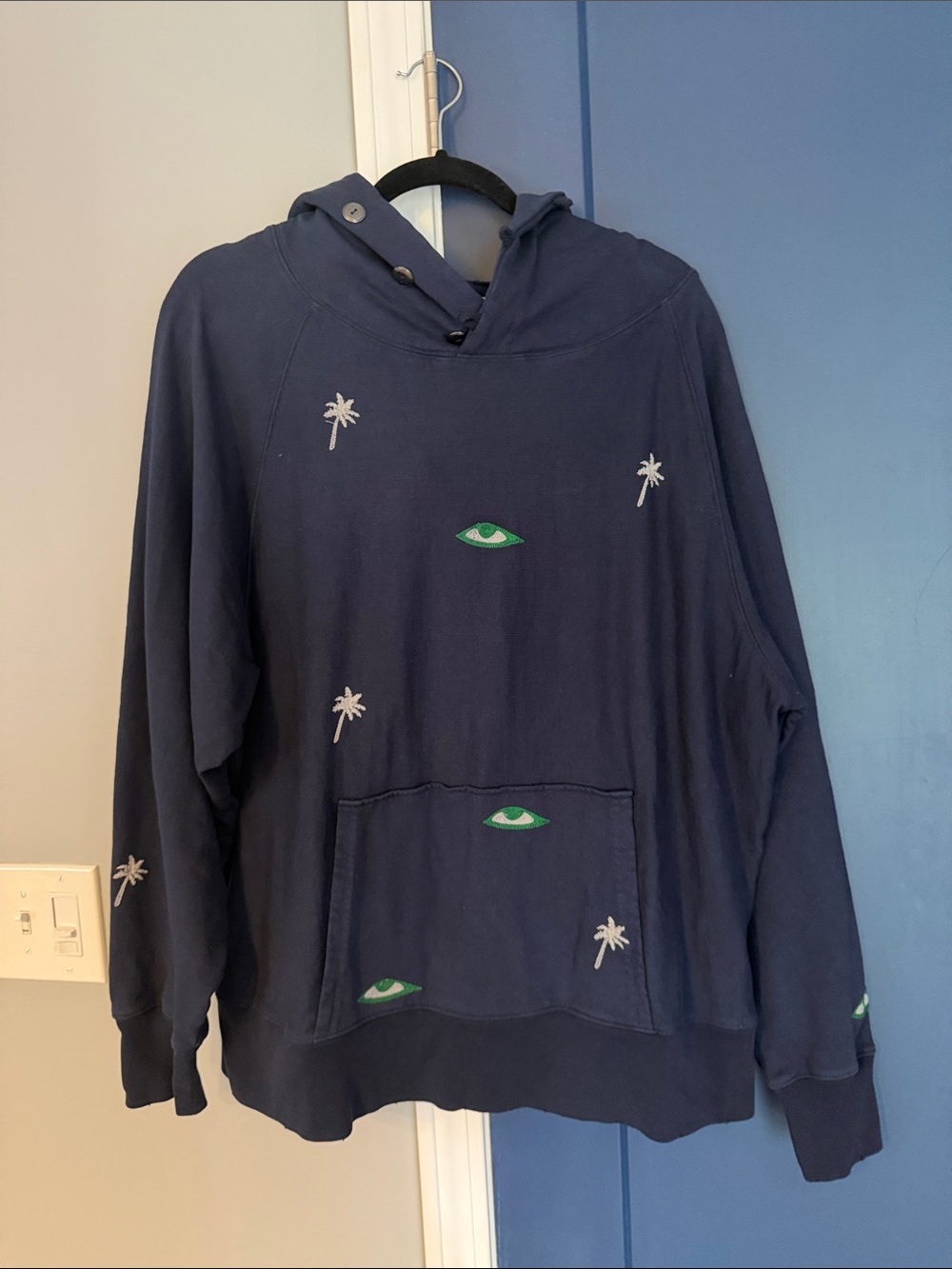 Free People SANDRINE ROSE Navy Hoodie with Green Eye White Palm trees oversized